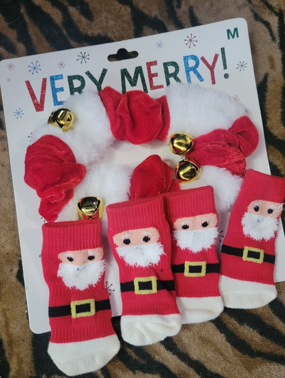 Pets Dog Christmas Santa Socks & Jingle Bell Collar Set Sz Med